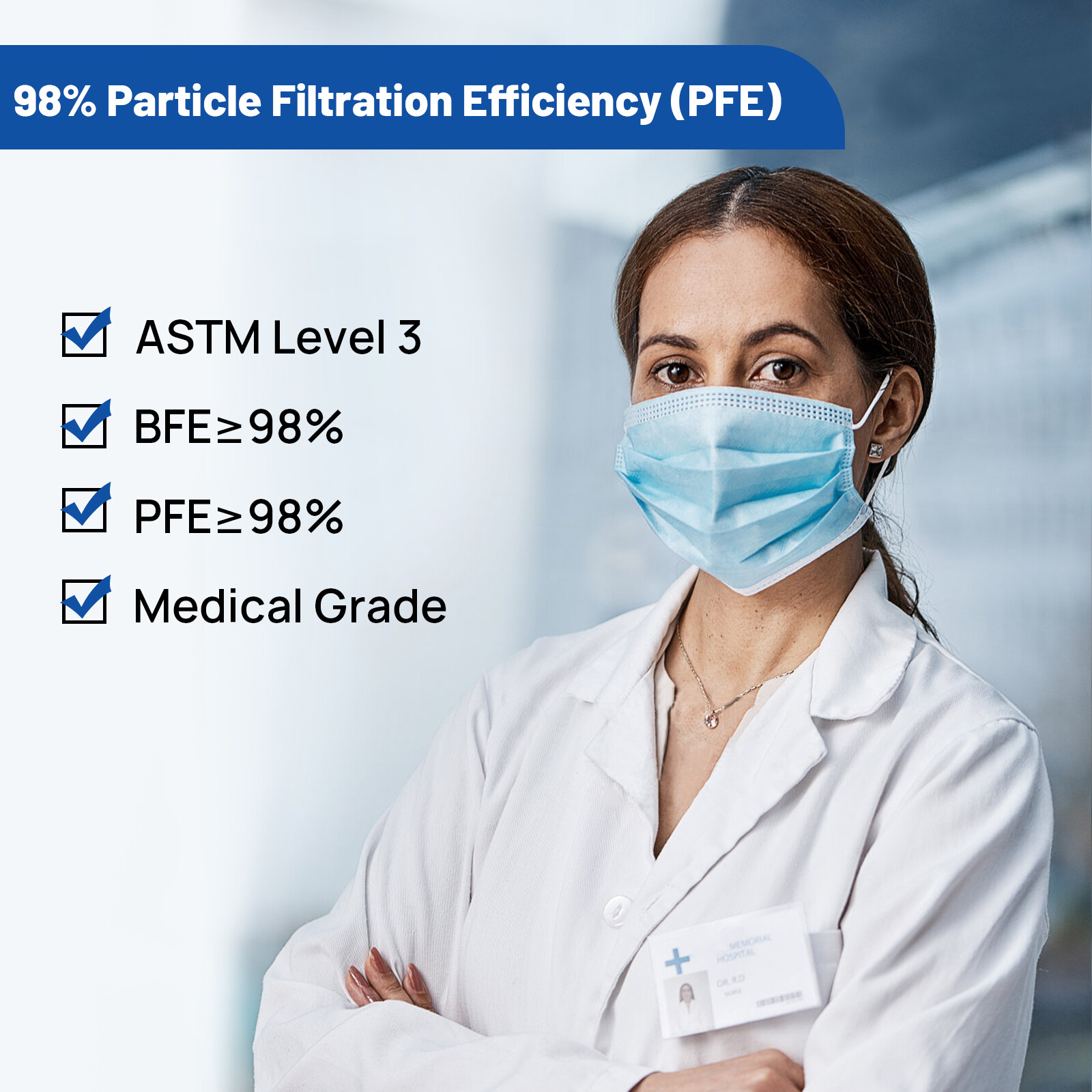 JMU Disposable Medical Face Masks, 4-Ply ASTM Level 3 Ear-Loop Face Masks 50pcs