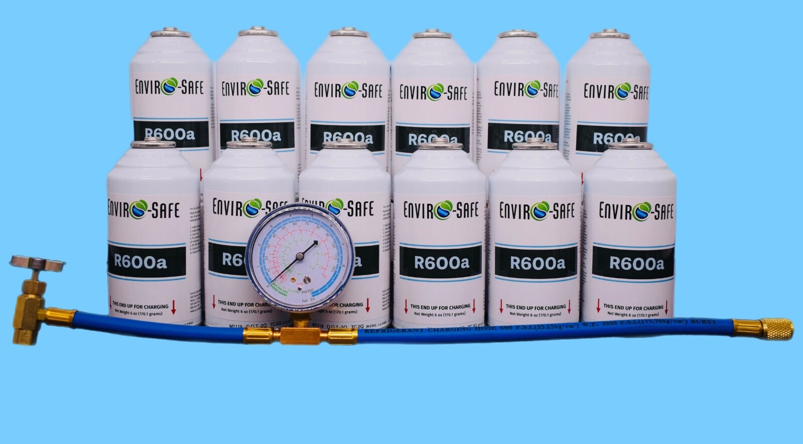 Enviro-Safe R600a Refrigerant | Inverted Piercing | 6 oz | 12 Cans + Brass Gauge