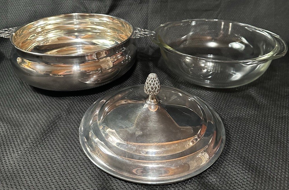 REED & BARTON Silverplate Covered Serving Dish With Pyrex Glass Insert VTG MCM