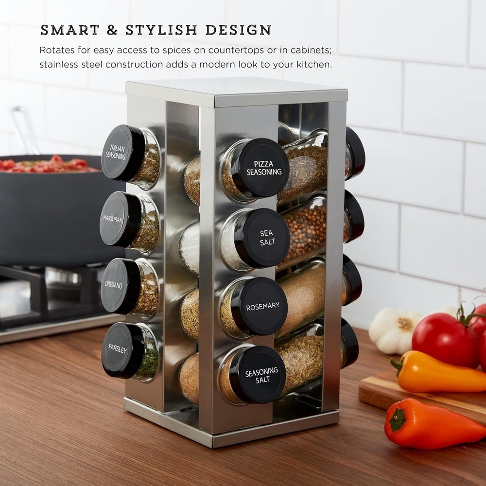 Tiered 16-Jar Spice Rack with Easy Access Rotating Design for Kitchen Counters