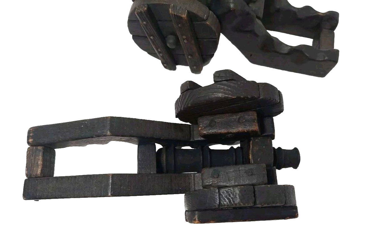 Set 2 Antique Cast Iron Wood Model Miniature Field Gun 10" Cannon On Wheels Toy
