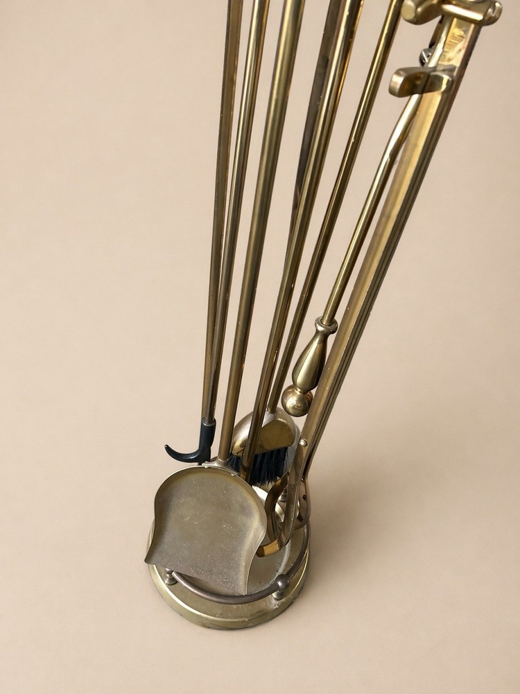 Vintage Polished Heavy Solid Brass Fireplace 5 Piece Tool Set 31in