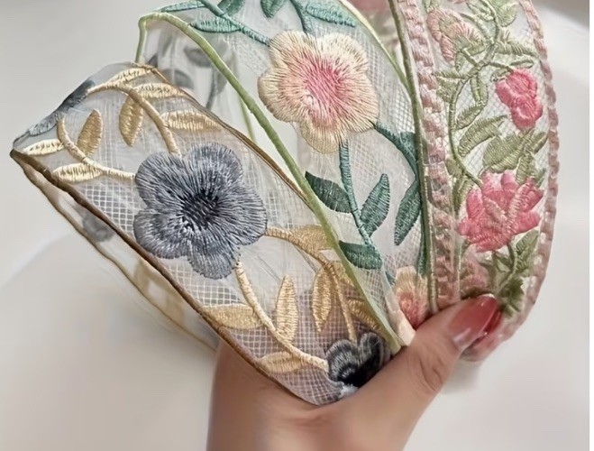 Vintage Retro Blue And Ivory Embroidered Lace Fabric Hair Band Headband