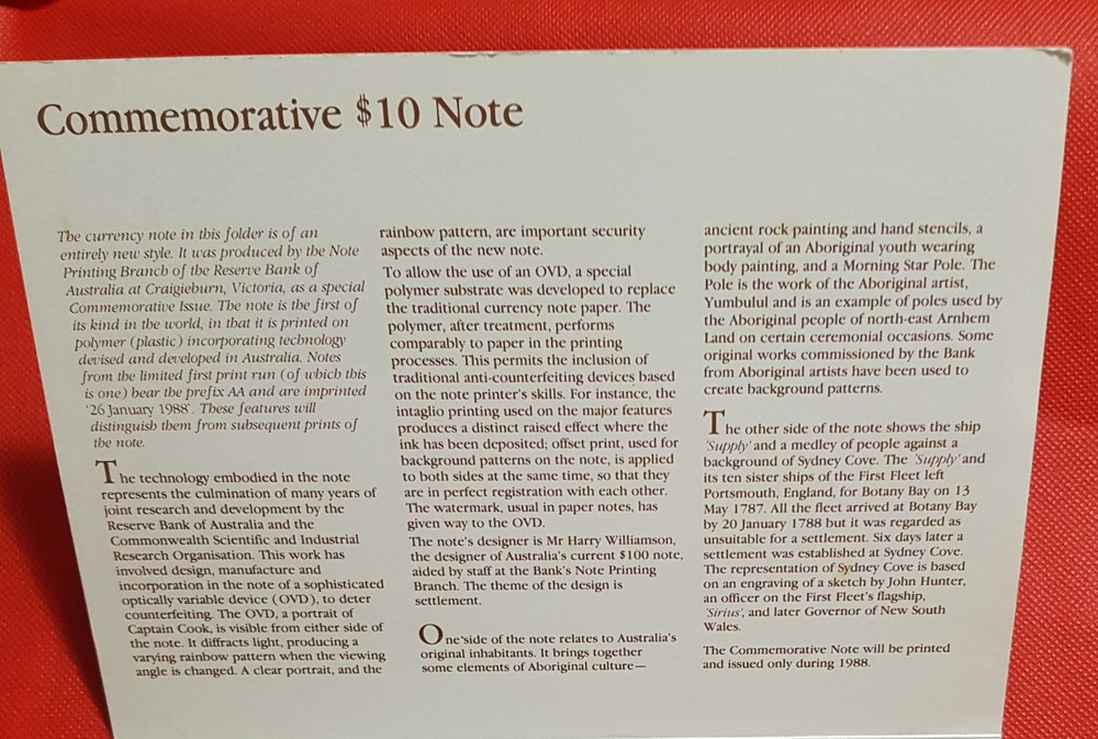 1988 AUSTRALIAN $10 FRASER/JOHNSTON FIRST POLYMER NOTE FOLDER AA 16 077426