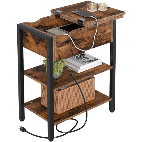 End Table with Charging Station, Narrow Side Table, 1 Rustic Brown + Black
