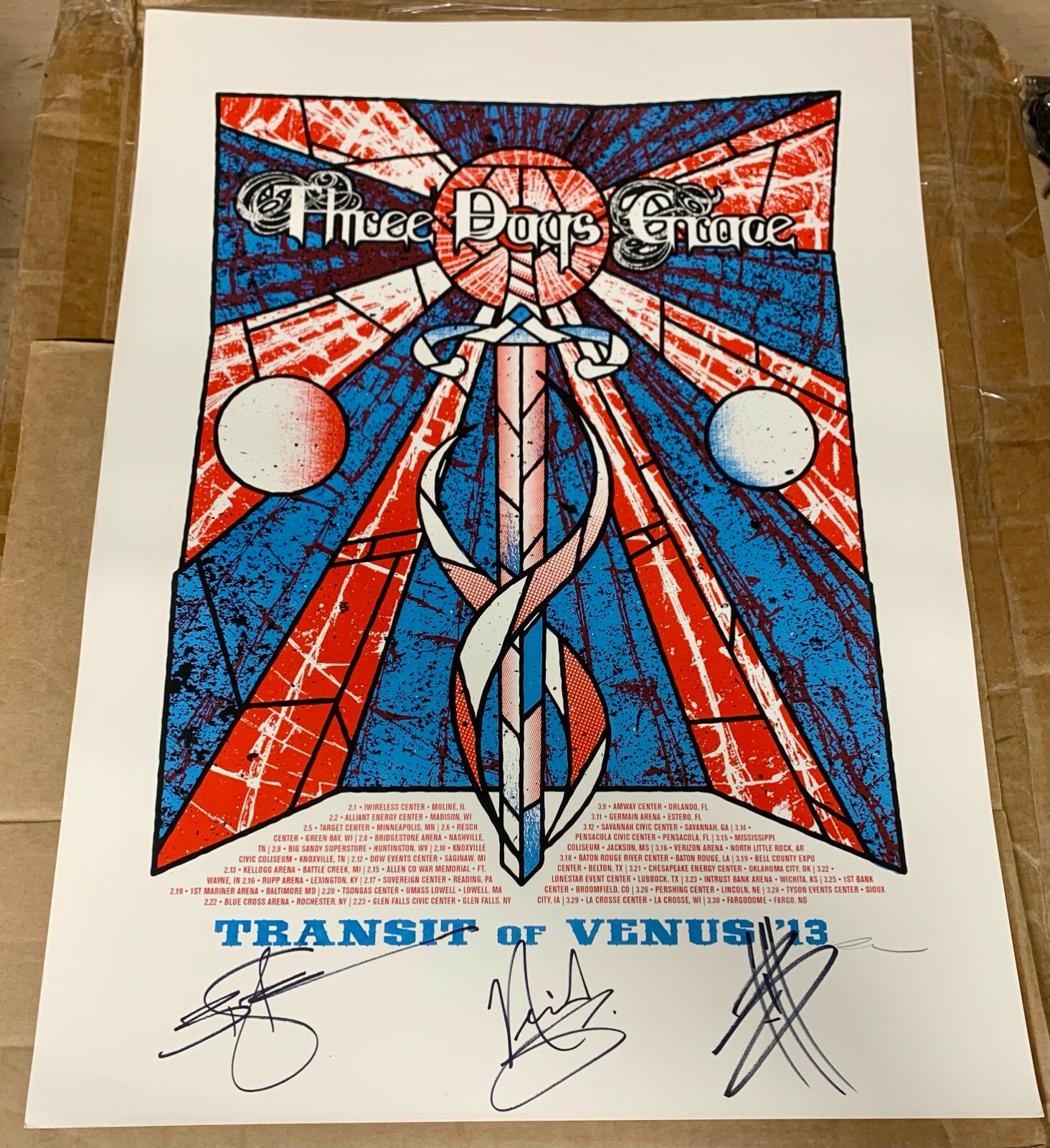 autographed music posters, Three Days Grace, Transit of Venus Tour, 2013