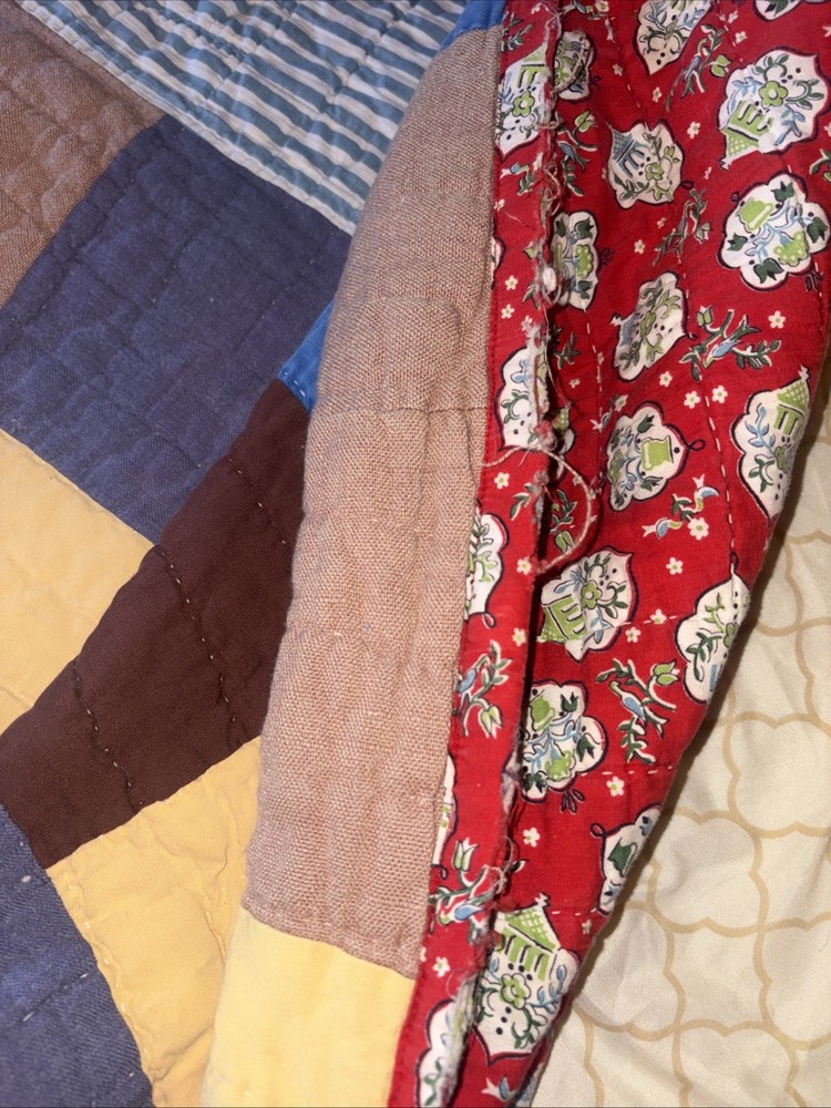 Vintage Hand Quilted Patchwork Quilt Primitive Full 1940s