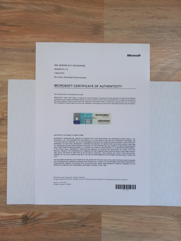 Microsoft SQL Server 2017 ENTERPRISE 64 Core Unlimtd CAL CoA Authentic 7JQ-01275