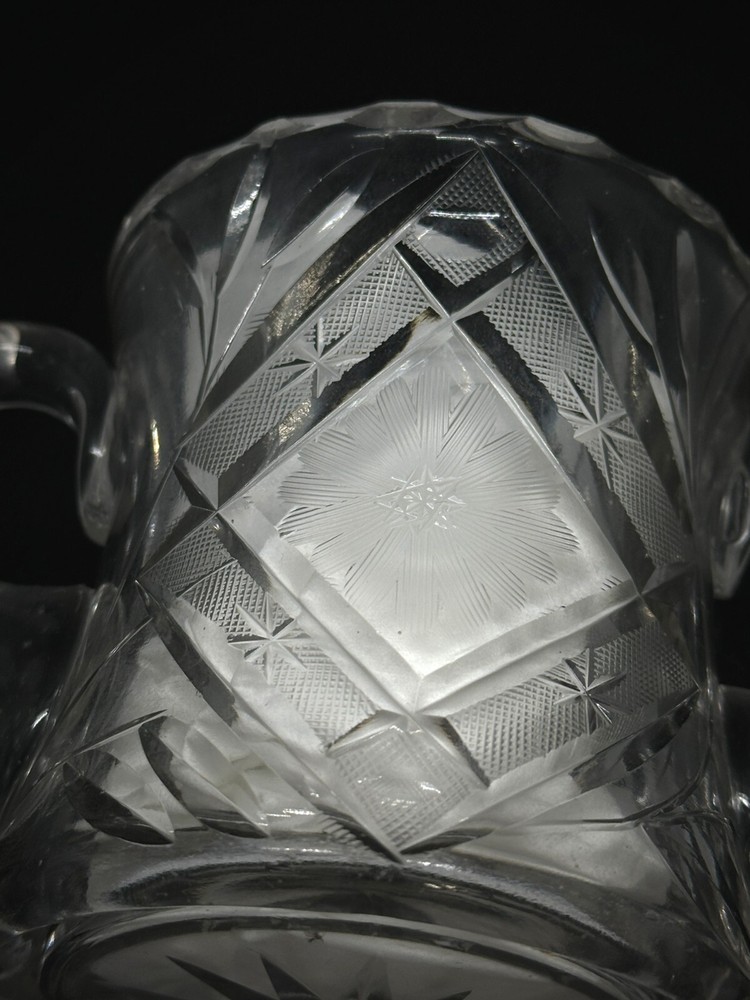 Vintage EAPG Etched Glass Two Handled Spooner with Applied Handles