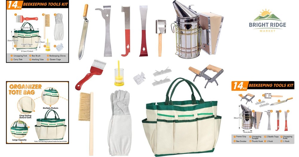 Complete Beekeeping Equipment Set with Protective Gloves and Multi-Pocket Tote