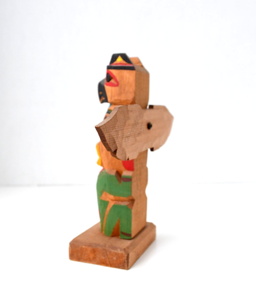 Vintage PWC Cedar Totem Pole Thunderbird Human and Frog 1970's Perfect 7x6.5