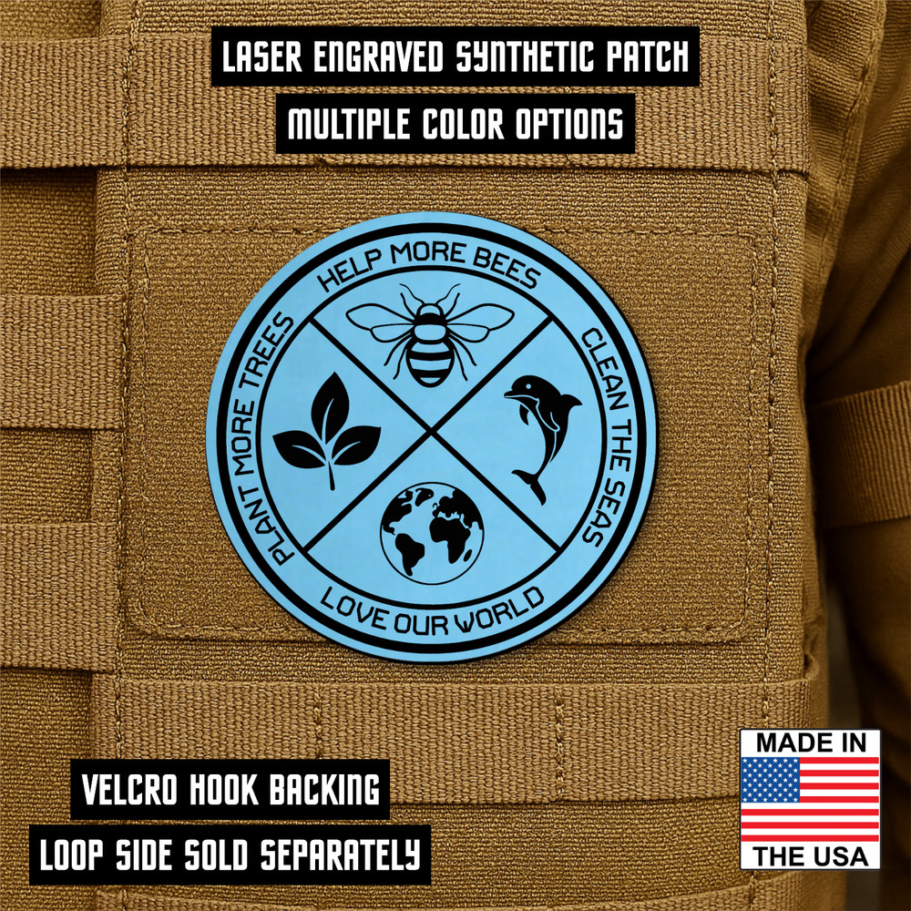 Love Our Planet, Bees, Trees, Seas Morale Patch 3" Round, Hook & Loop Engraved