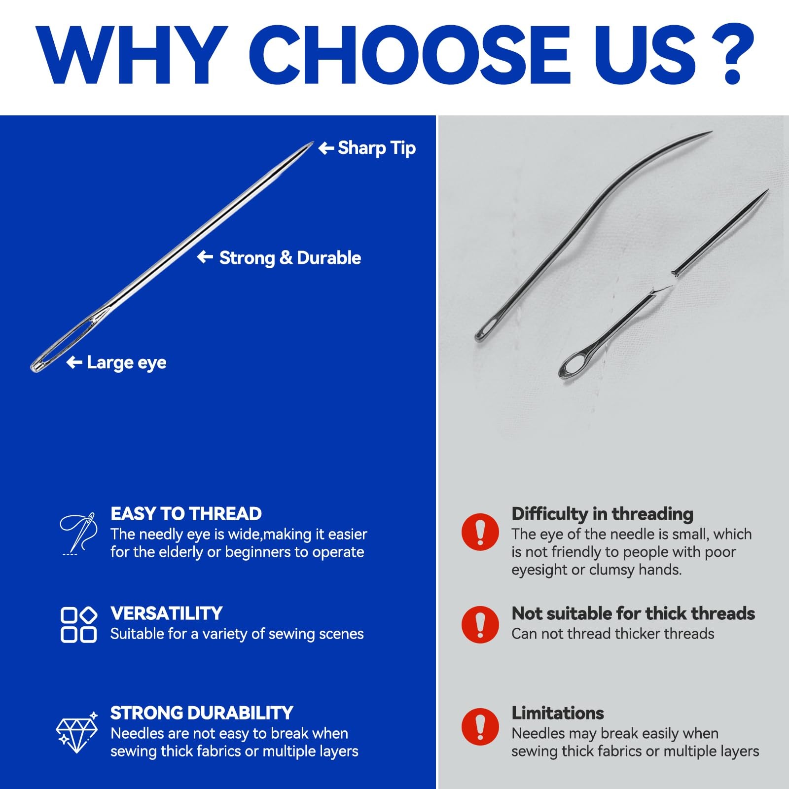 AUUIUOS 20 Pcs Steel Large Eye Hand Long Sewing Needles Includes 2 Needle Thr...