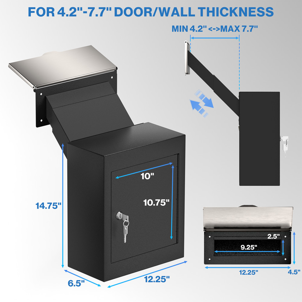 Through The Wall Key Drop Box with Adjustable Chute, Locking Rainproof Mailbox