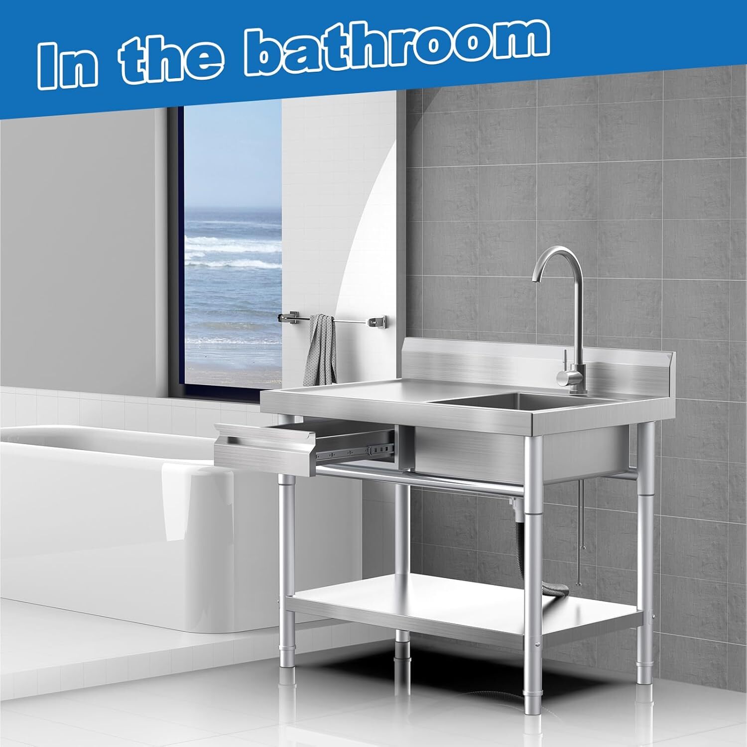 All-In-One Stainless Steel Freestanding Sink with Drawers for Laundry Room Use