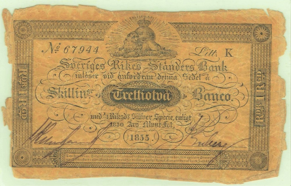 SWEDEN - 32 Skillingar Banco 1855 -