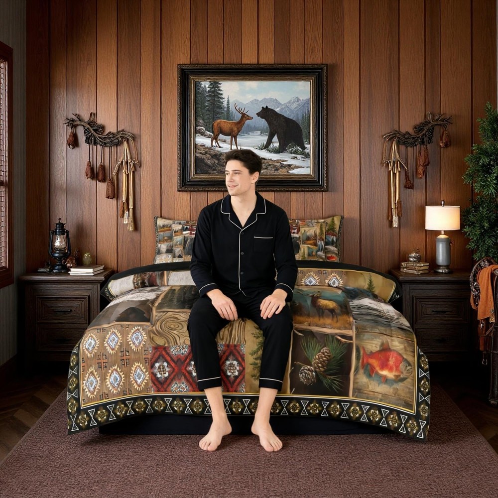 Hunting Bear Deer Comforter Set with Sheets Full, Tribal Brown Patchwork 7 Pi...