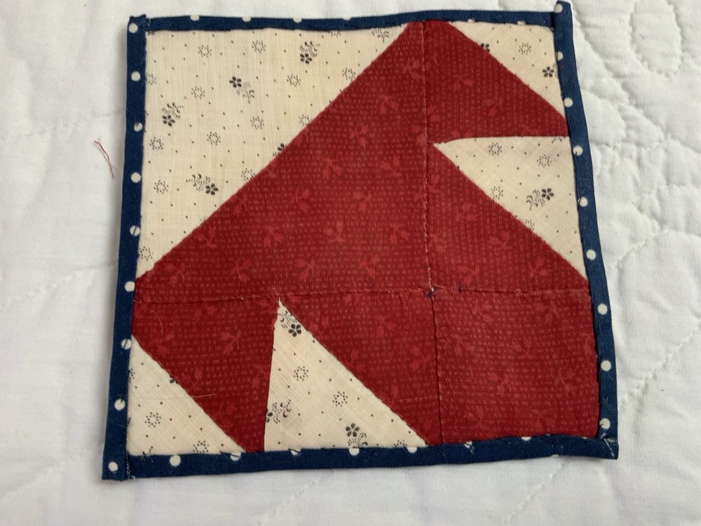 Antique Patchwork Quilt Table Topper, Early Calicos, Triangles, T’s, Red
