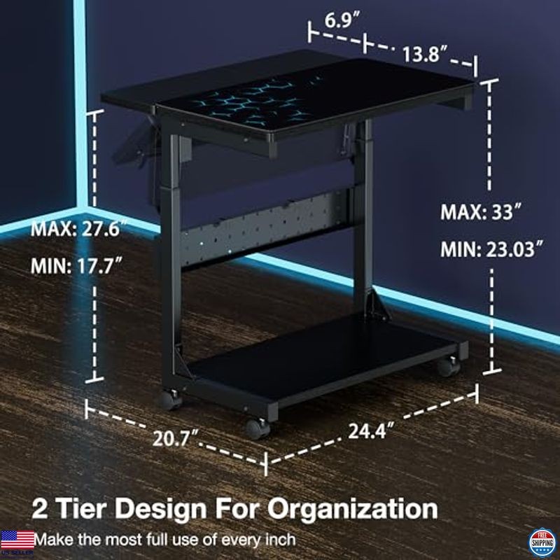 Height-Adjustable 2-Tier Computer Tower Stand with Rolling Wheels & Mouse Pad