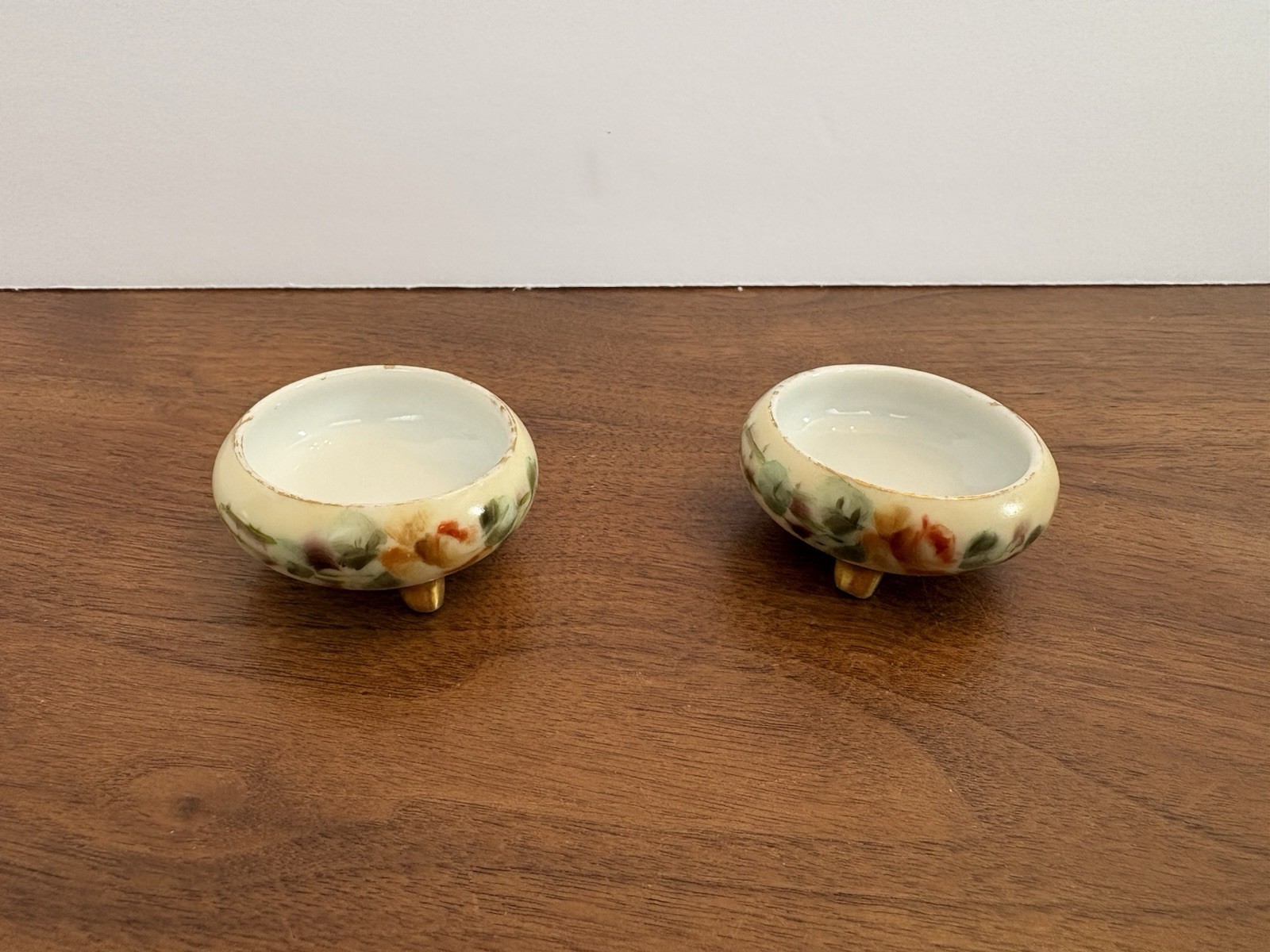 2 Antique Bavaria Open Salt Cellars Dips 1.75” Hand Painted Footed Yellow Roses