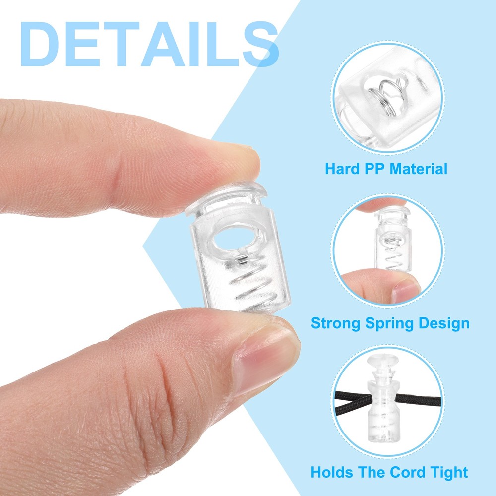 30pcs Plastic Cord Lock, Single Hole Spring Toggle Stopper Cord Fastener, Clear