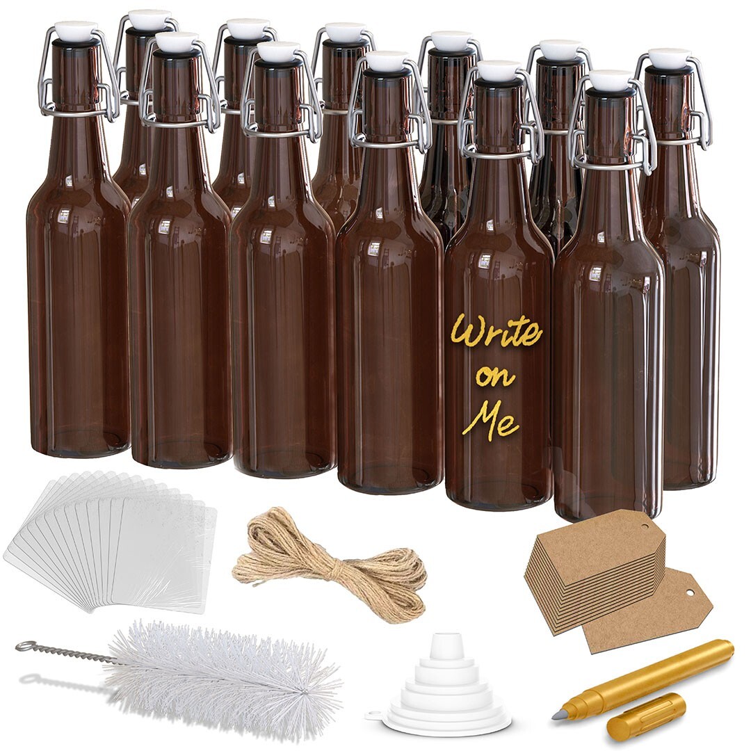 Nevlers 16 Oz. Airtight Glass Swing Top Beer Bottles - Amber Glass (Pack of 12)