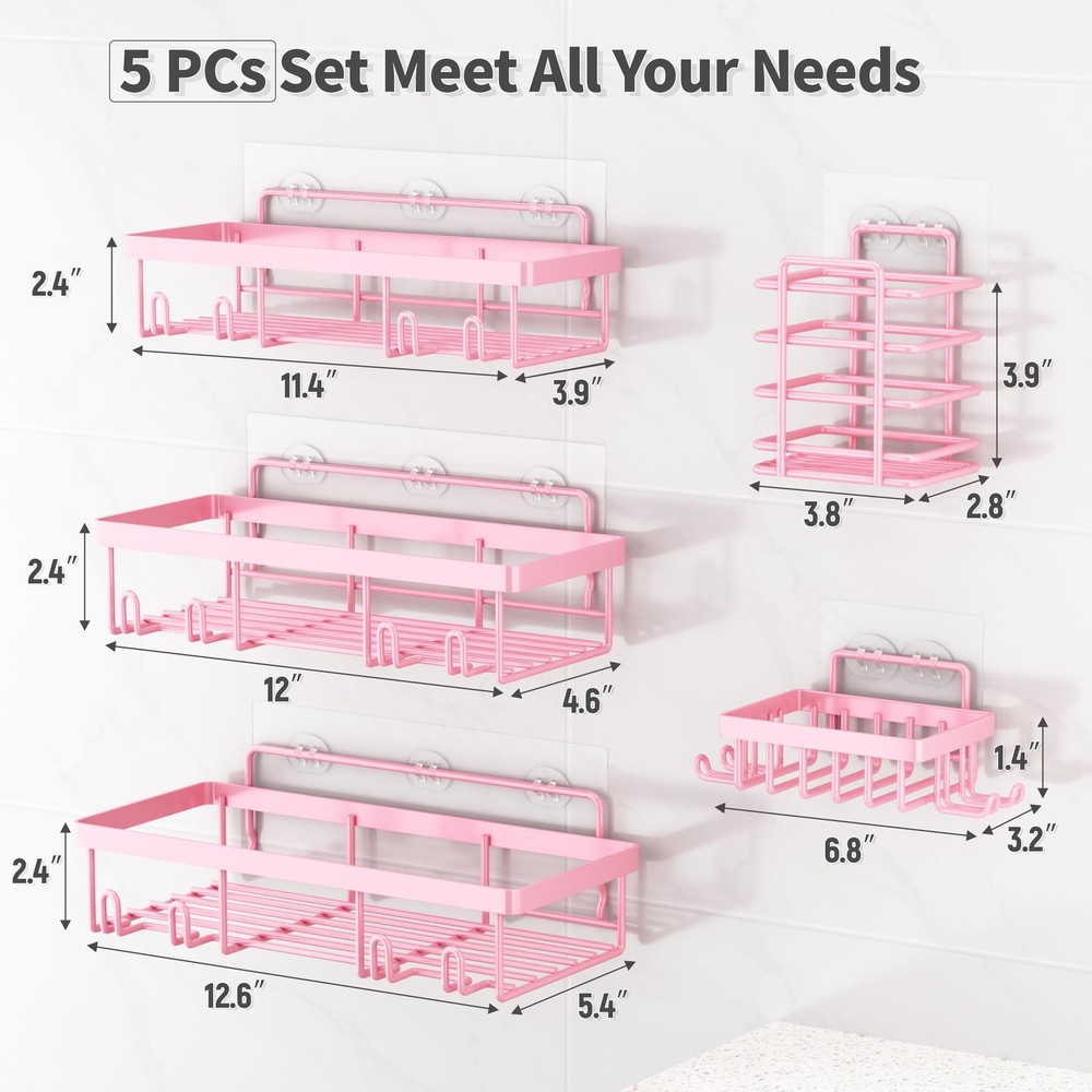 Pink Shower Caddy 5-Pack: Adhesive, Rustproof Bathroom Storage & Decor Set