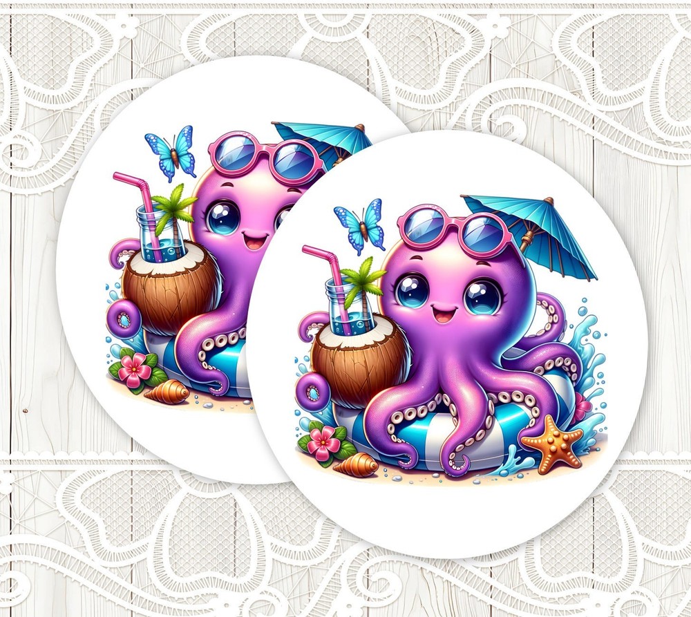 Summer beach octopus stickers, labels envelope seals, crafts