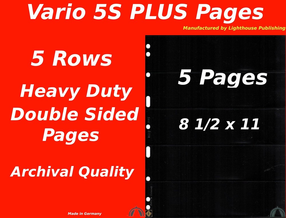 5 VARIO 5S PLUS Pocket Double Sided Pages for Stamp and Other Collecting, Black
