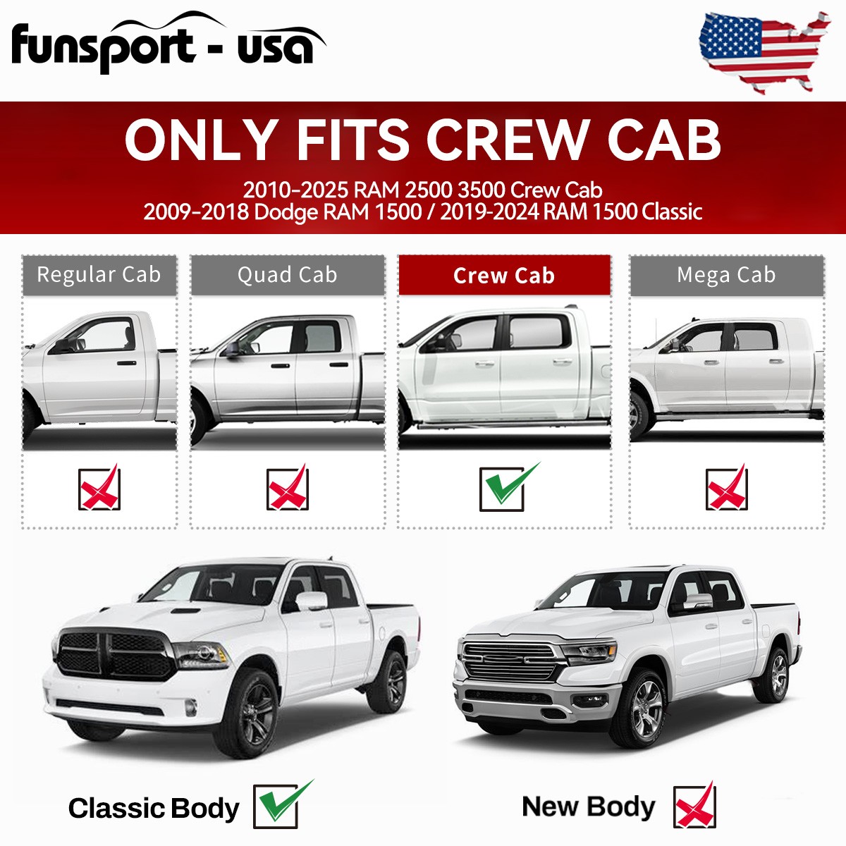 Running Boards For 09-18 Dodge Ram 1500 /10-24 2500 3500 Crew Cab Side Steps