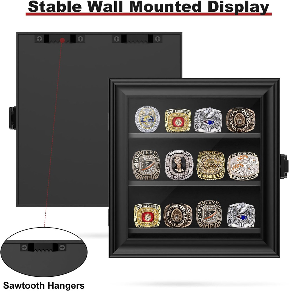 Championship Ring Display Case, 12 Ring Posts Baseball Ring Holder, Wall Mount W