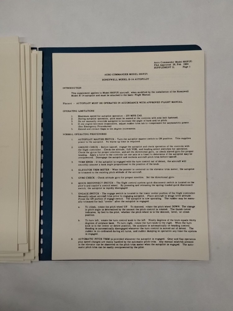 Aero Commander 1961 Model 680F Pressurized Flight Manual-Original