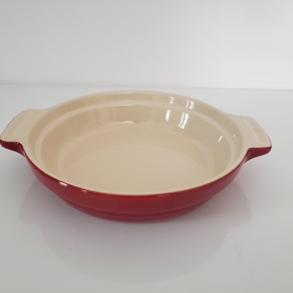 Olive & Thyme 1qrt Red/Beige Round Stoneware Baking Dish 8.5" Diameter 2" Deep