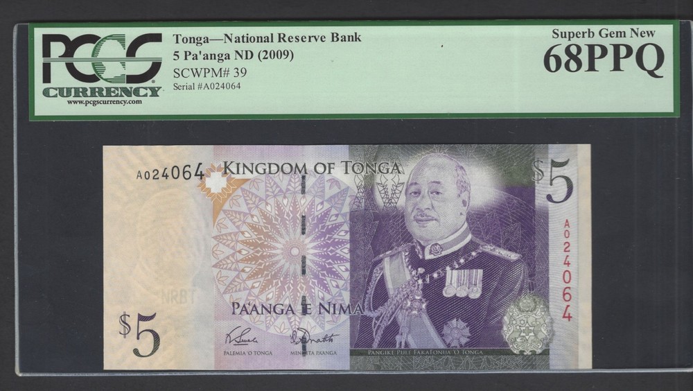 Tonga 5 Pa'anga ND(2009) P39 Uncirculated Graded 68