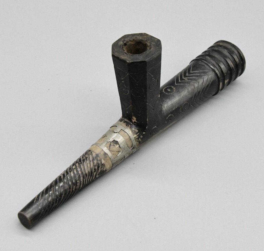 25" Blackfoot Steatite Pipe with Wood Stem Pipe has Repair Done