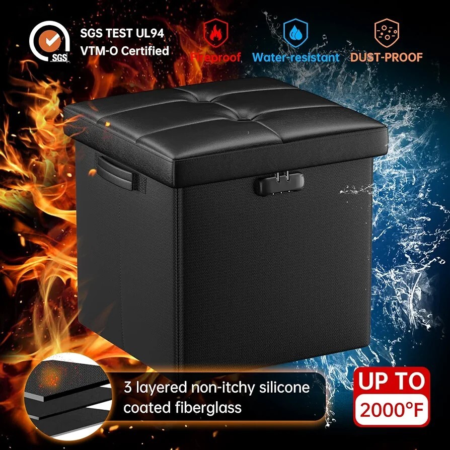 Storage Ottoman Fireproof Folding Ottoman Cube Storage Stool with Lock Leather