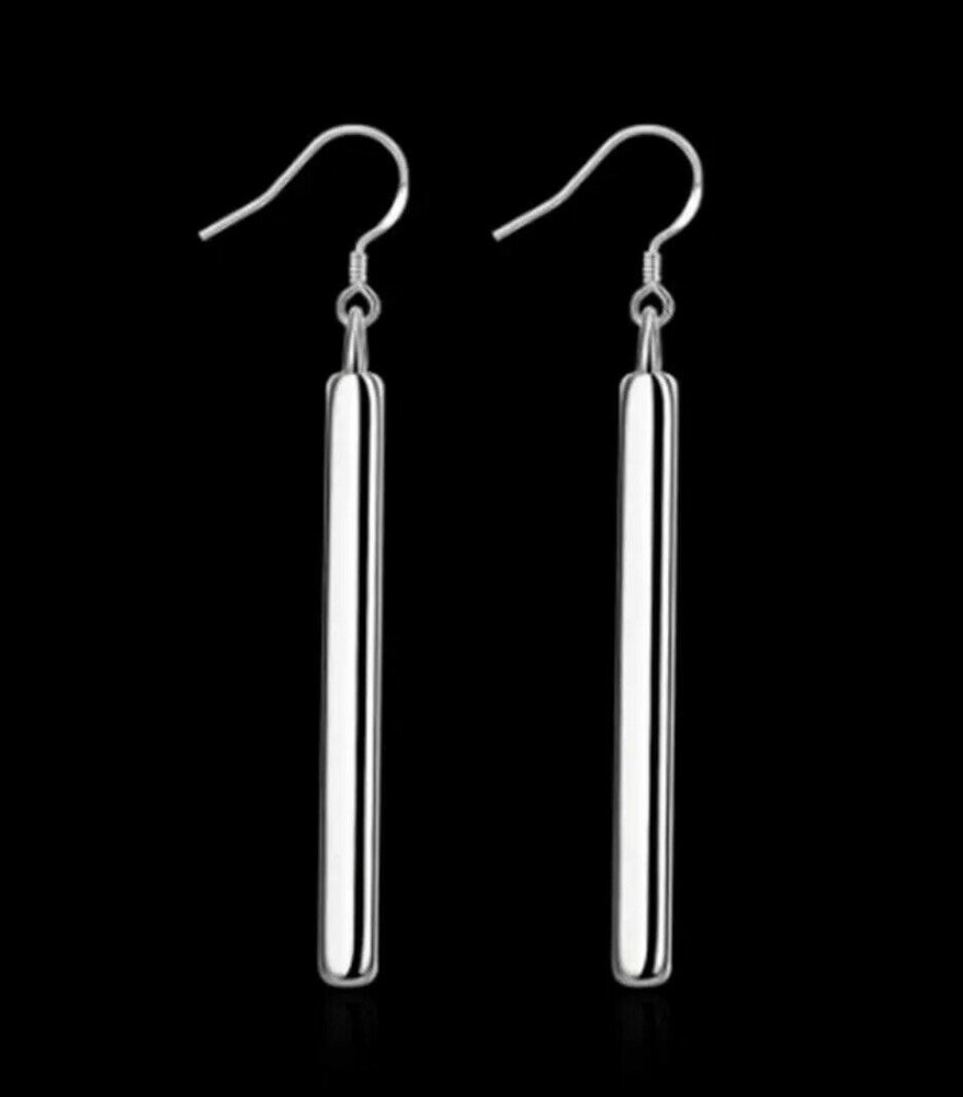 Silver Plated Vertical Solid Bar Drop Dangle Hook Earrings