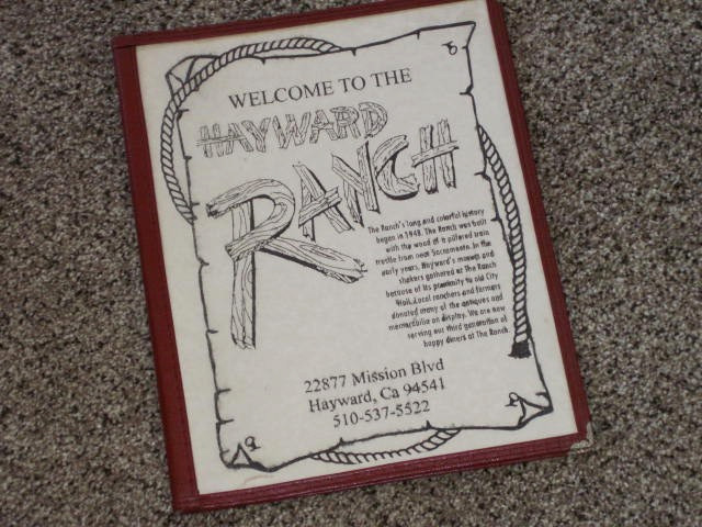 Hayward Ranch Menu - 8-1/2" x 11" - VG - Year Unknown
