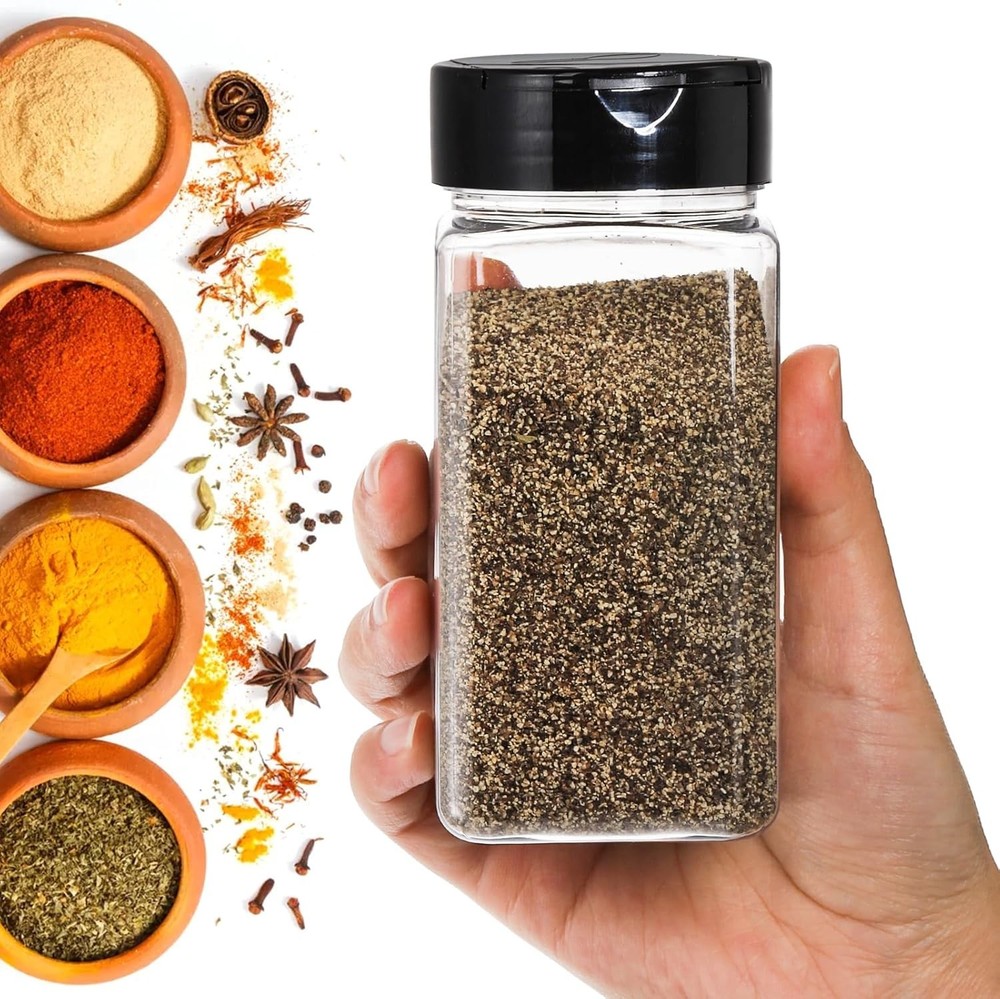 16 Pack 9 oz Plastic Spice Jars with Black Cap, Plastic Spice Bottles Empty S...