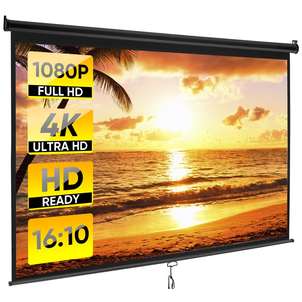 100" Projector Screen Manual Pull Down Projection Screen Theater 16:10 4K Black