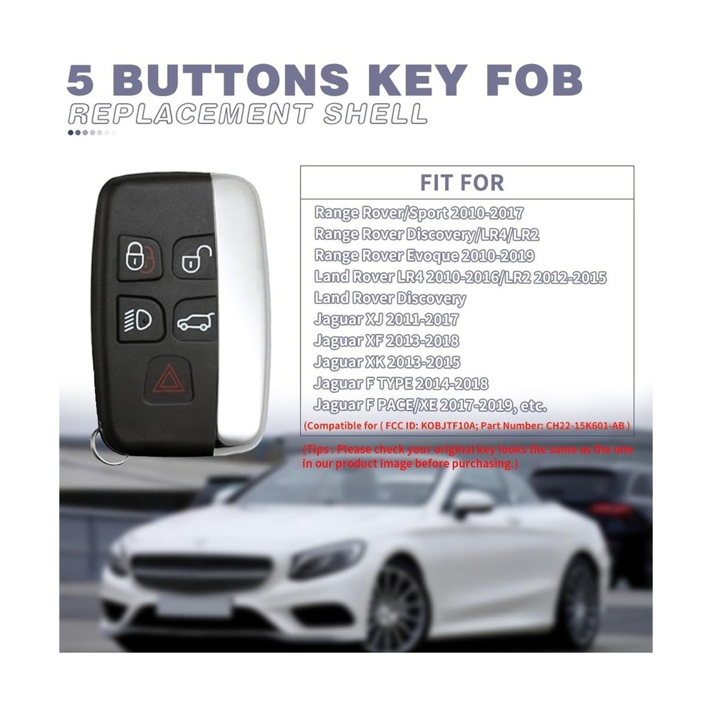 Key Fob Case Replace Shell for Range Rover Jaguar Models 2012-2019, 5 Button