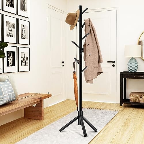 Coat Rack, Freestanding Coat Rack with 8 Hooks and 3 Adjustable Size Tree Black