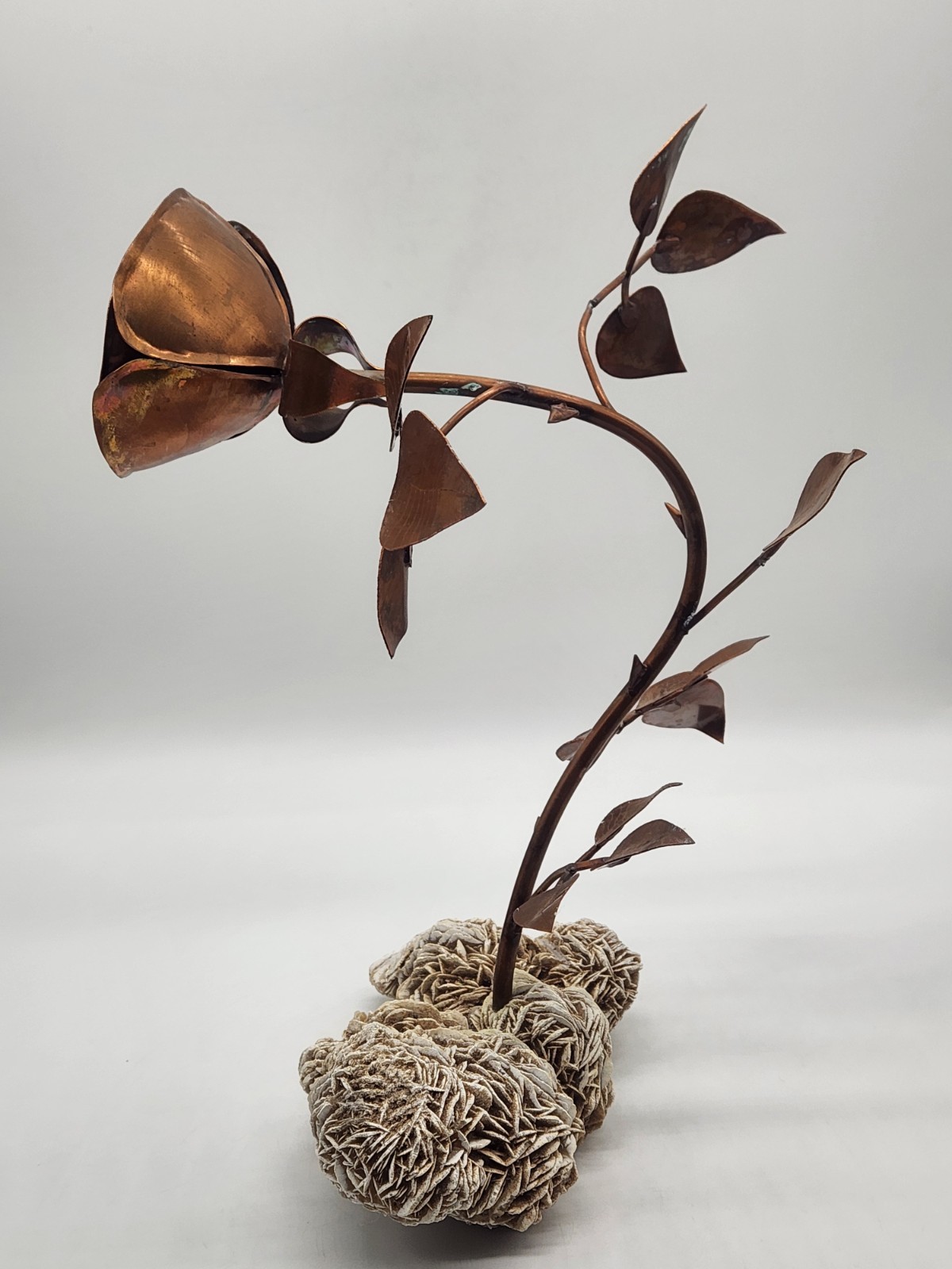 Copper Rose Sculpture w/Desert Sand Rose Crystal ~ 13" H x 10" L x9" W