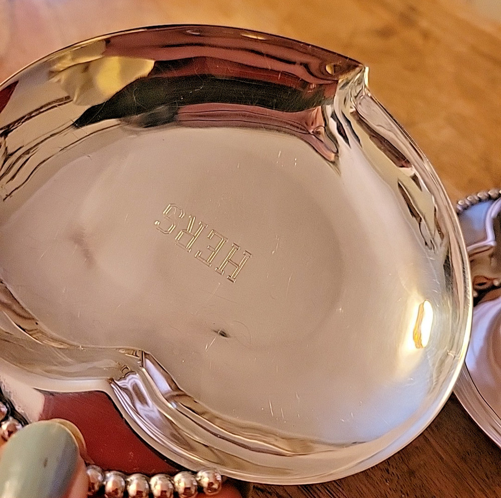 The 3 Crowns Silverplate Water Lily Trinket Engraved Dish Set HIS & HERS