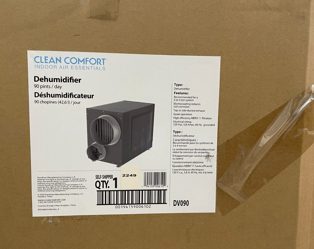Whole-House Dehumidifier Clean Comfort Model DV090