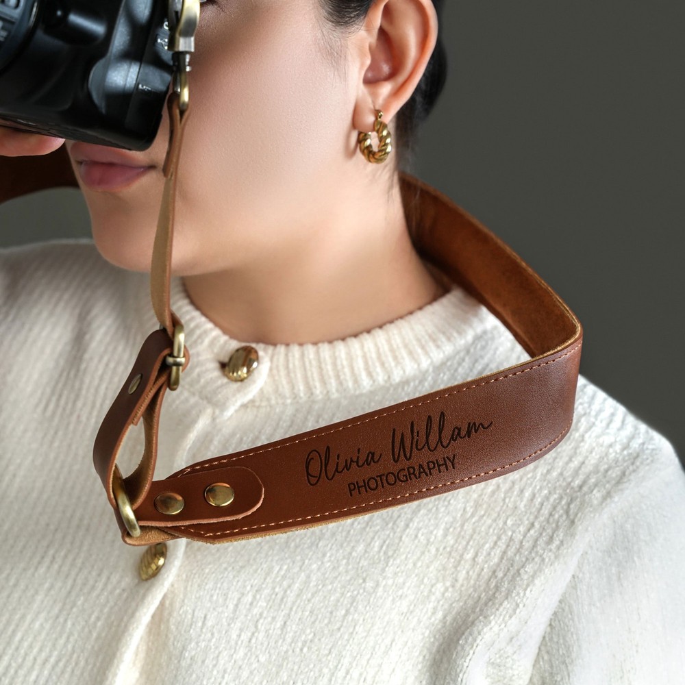 Custom Genuine Leather Camera Strap DSLR, Personalized Engraved Neck Strap