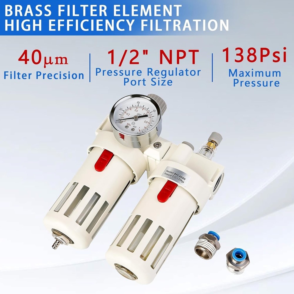 WeiTeng 1/2" NPT Compressed Air Filter Regulator Combo, 5 Micron Brass Filter