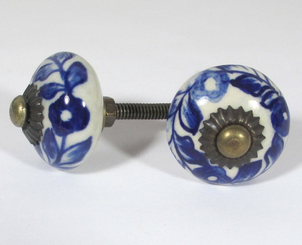 1 Antique Blue white Porcelain Ceramic Drawer Cabinet Knobs Pulls 1.25 brass end