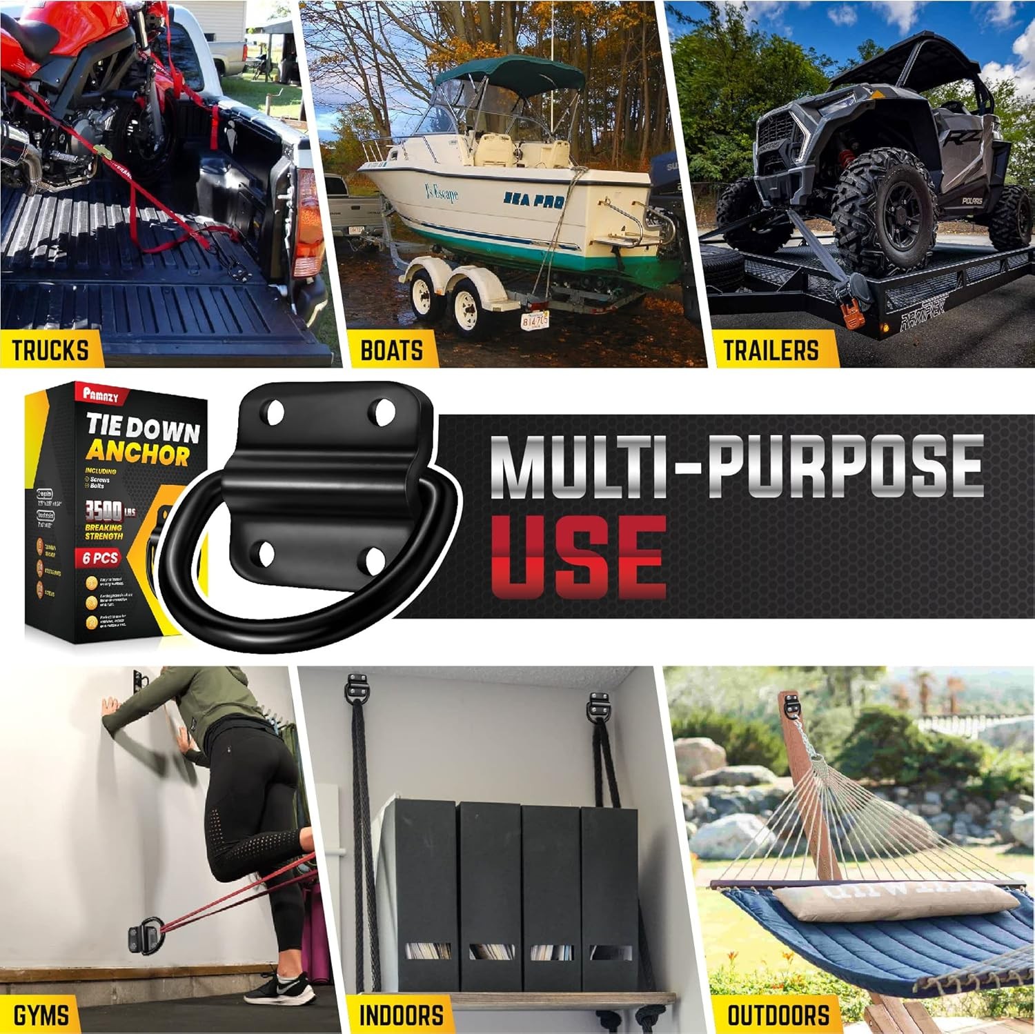 6PCS Cargo Tie Down Anchors – 3500 LB Heavy Duty D Rings for Trailers, Truck Bed