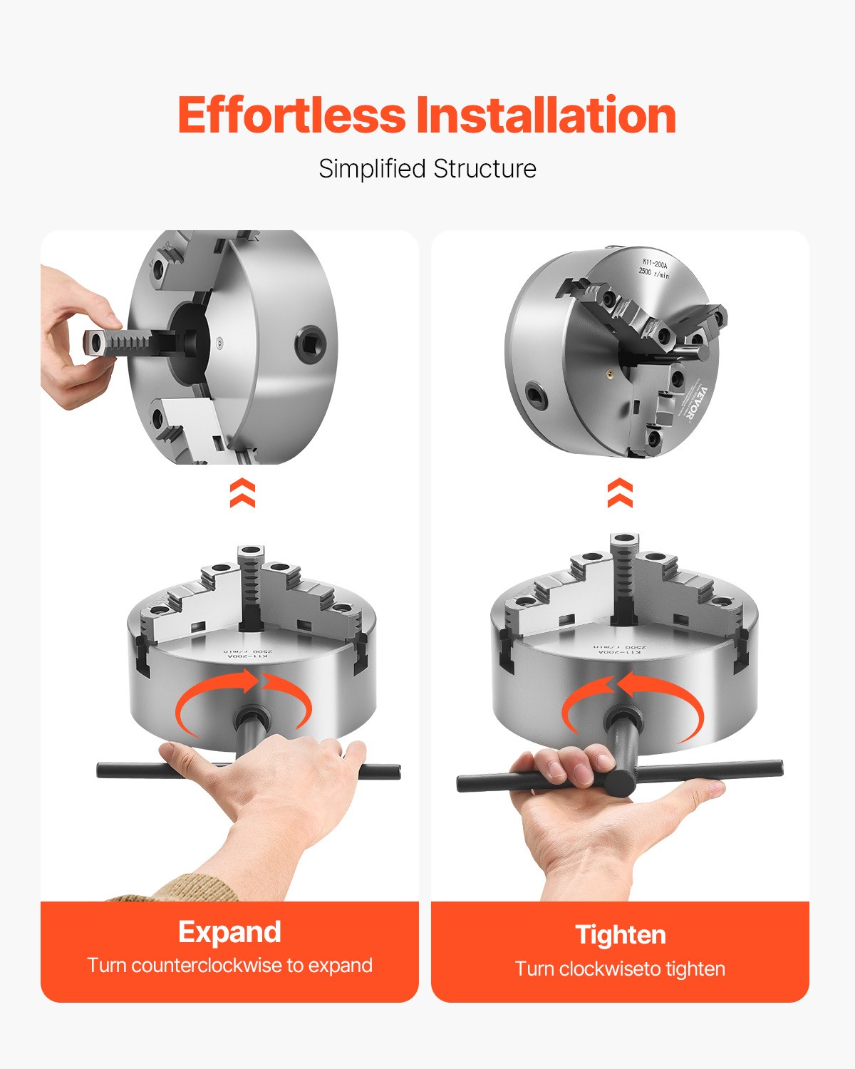 VEVOR 8 Inch 3-Jaw Self-Centering Lathe Chuck with 2 1/4 in-8 Threaded Backing